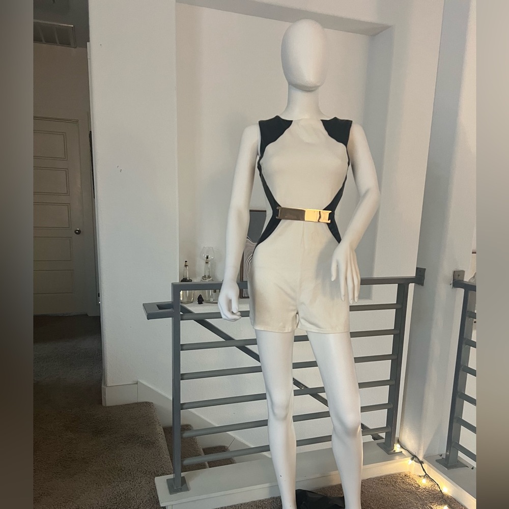 AX Size 10 White Romper with Black faux leather accents